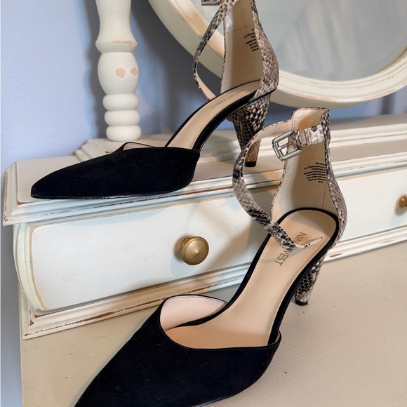 Nine West Shoes - Nine West Black Suede Pointed Toe Heels with Snakeskin Ankle Strap